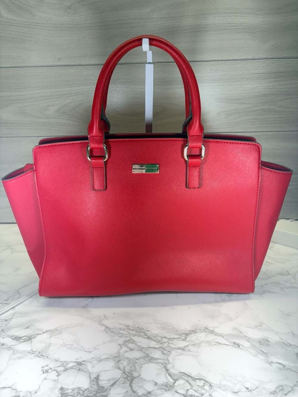 New York & Company Red Saffiano Faux Leather Structured Satchel Bag